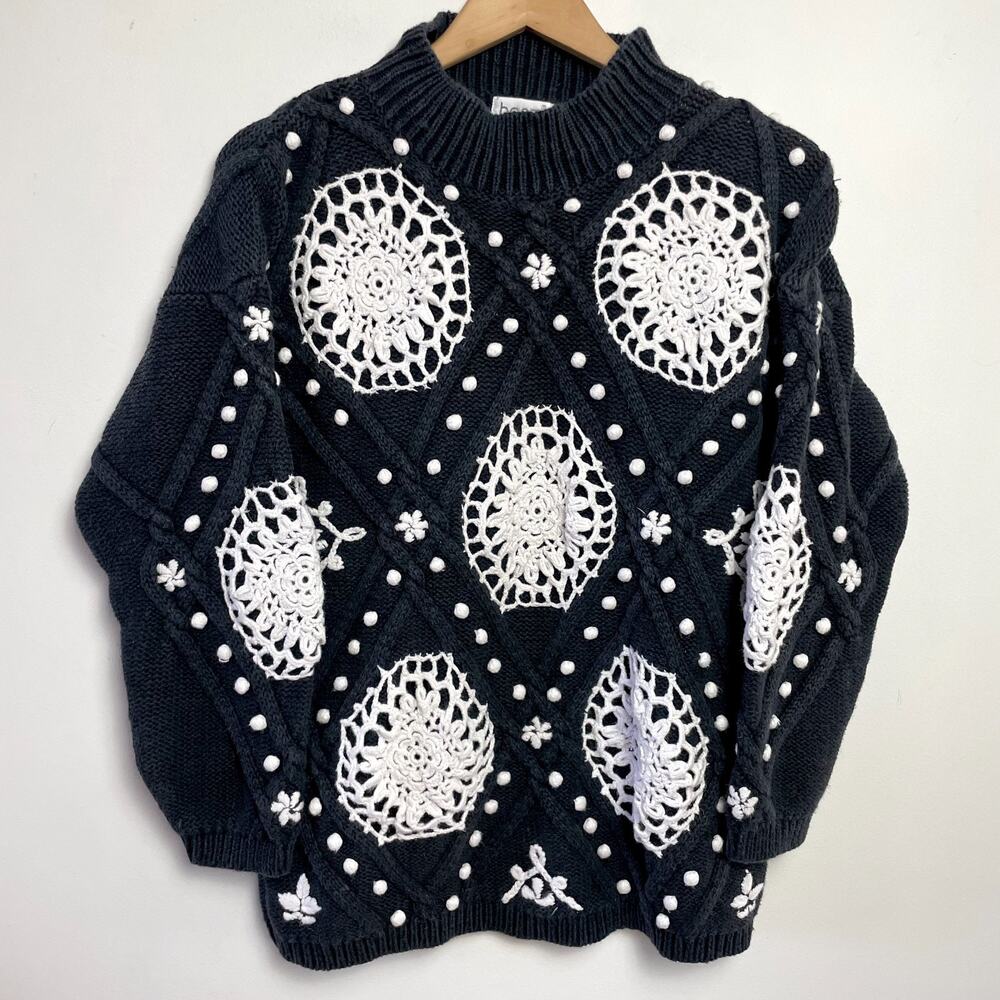 Vintage 80s 90s Granny Crochet Sweater Large Popcorn Knit Cottage Doily Romantic